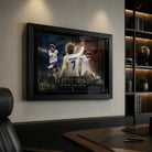 Antoine Griezmann framed soccer wall art displayed in a modern office with shelving and dark cabinetry.