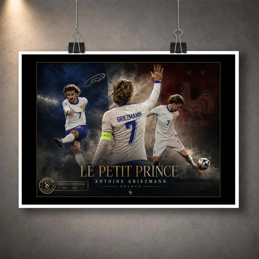 Antoine Griezmann soccer wall art print displayed unframed on a grey wall.