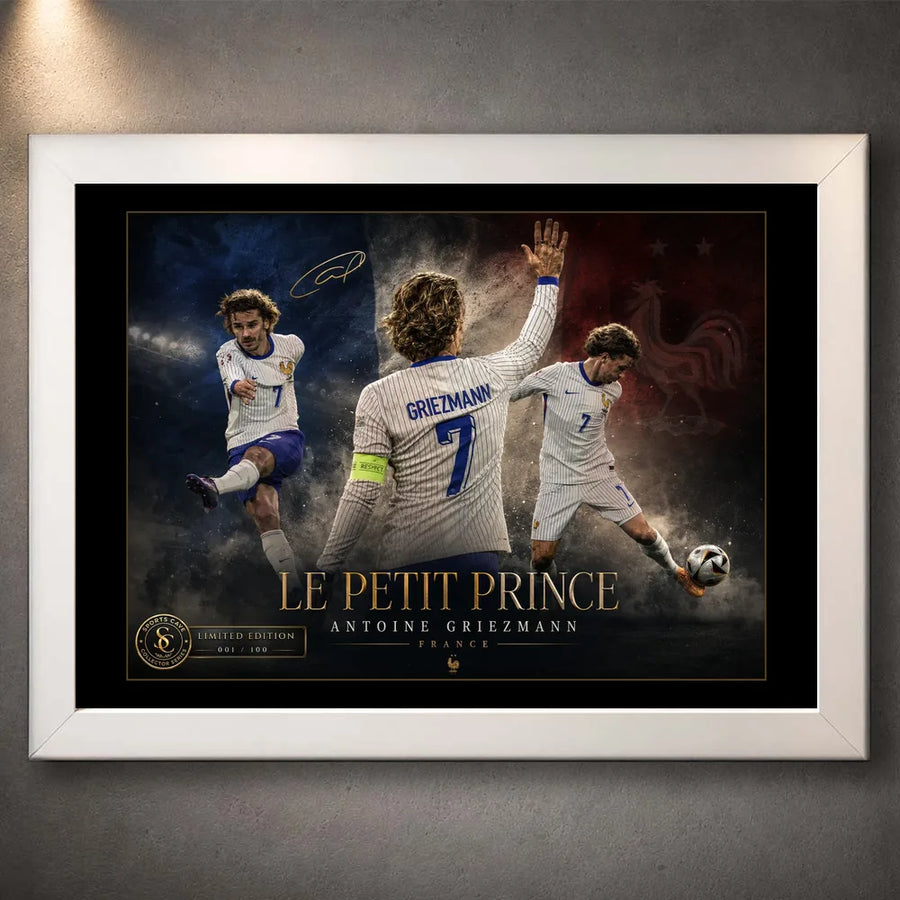 Antoine Griezmann soccer wall art in a white frame, showing the France tribute artwork against a grey wall.