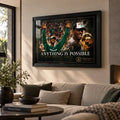 Kevin Garnett wall art displayed above a neutral sofa in a bright living room, presented in a black frame.