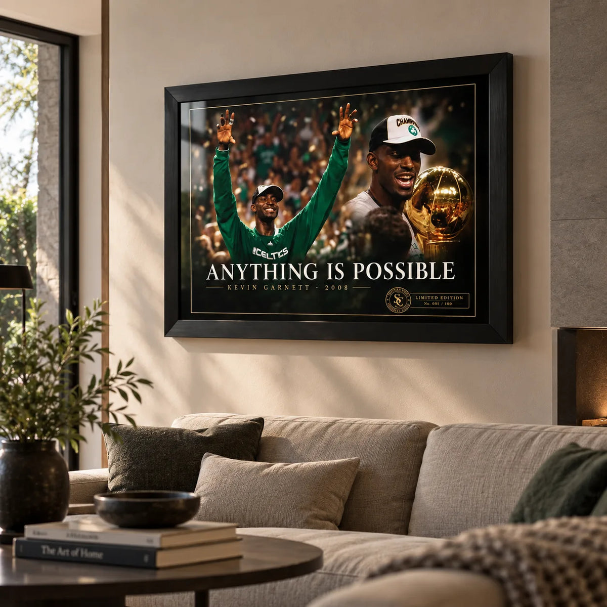 Kevin Garnett wall art displayed above a neutral sofa in a bright living room, presented in a black frame.