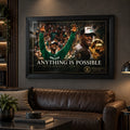 Kevin Garnett wall art displayed above a leather sofa in a dark man cave, styled for Boston basketball fans.