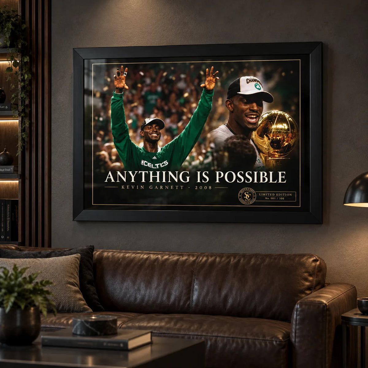 Kevin Garnett wall art displayed above a leather sofa in a dark man cave, styled for Boston basketball fans.