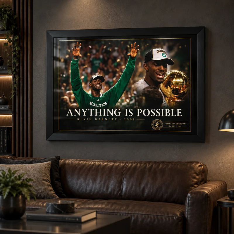 Kevin Garnett wall art displayed above a leather sofa in a dark man cave, styled for Boston basketball fans.