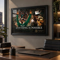Kevin Garnett wall art displayed in a modern office above a desk, with the 2008 championship design in a black frame.