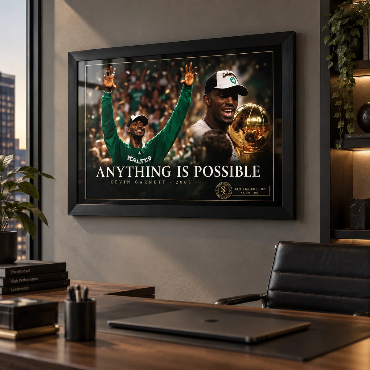 Kevin Garnett wall art displayed in a modern office above a desk, with the 2008 championship design in a black frame.