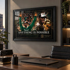 Kevin Garnett wall art displayed in a modern office above a desk, with the 2008 championship design in a black frame.