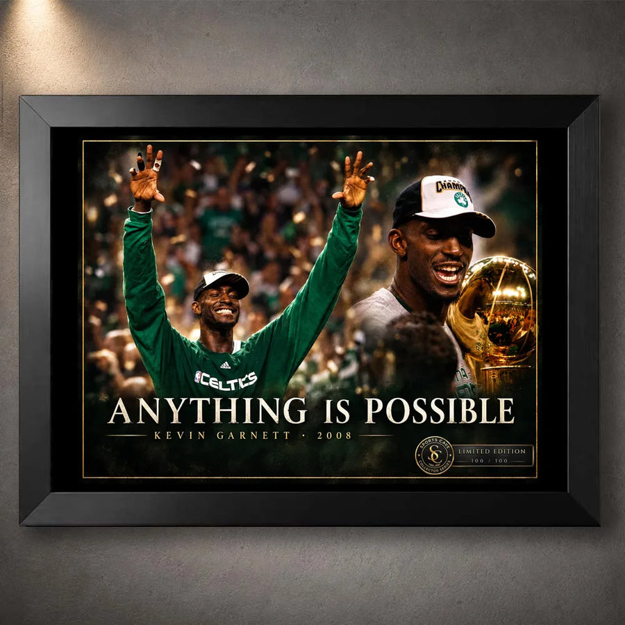 Black framed Kevin Garnett wall art celebrating his 2008 Celtics championship moment with the trophy.