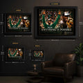 Kevin Garnett wall art size guide showing Small, Medium, Large and XL framed dimensions in centimetres and inches.