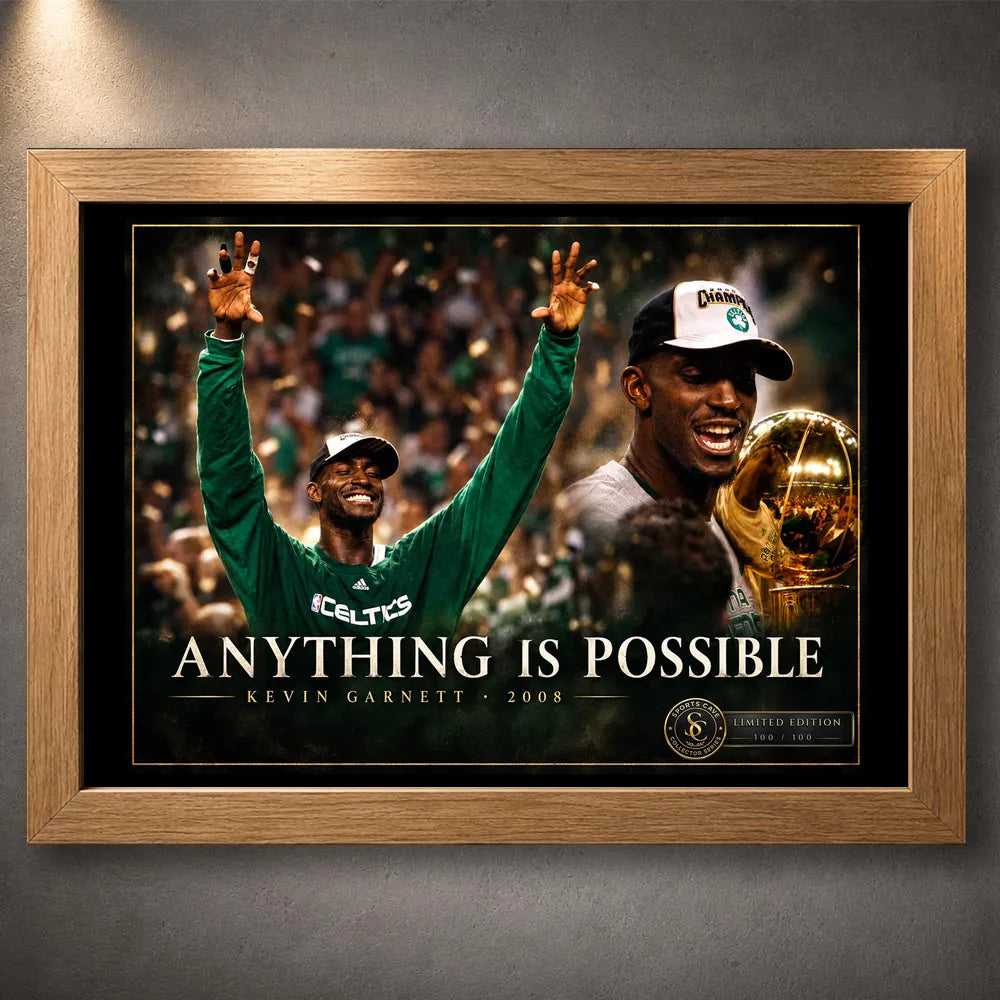 Oak framed Kevin Garnett wall art featuring the Anything Is Possible 2008 basketball championship design.