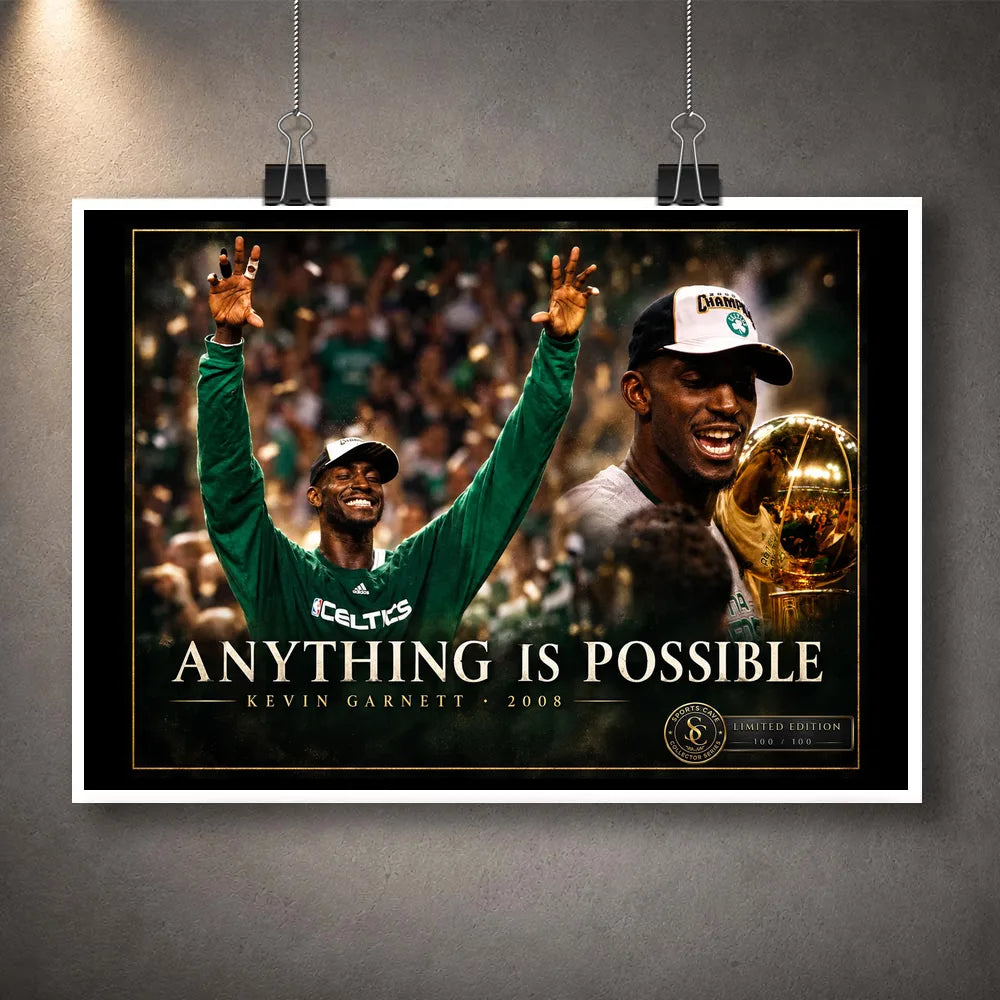 Unframed Kevin Garnett basketball wall art featuring the Anything Is Possible 2008 championship celebration design.