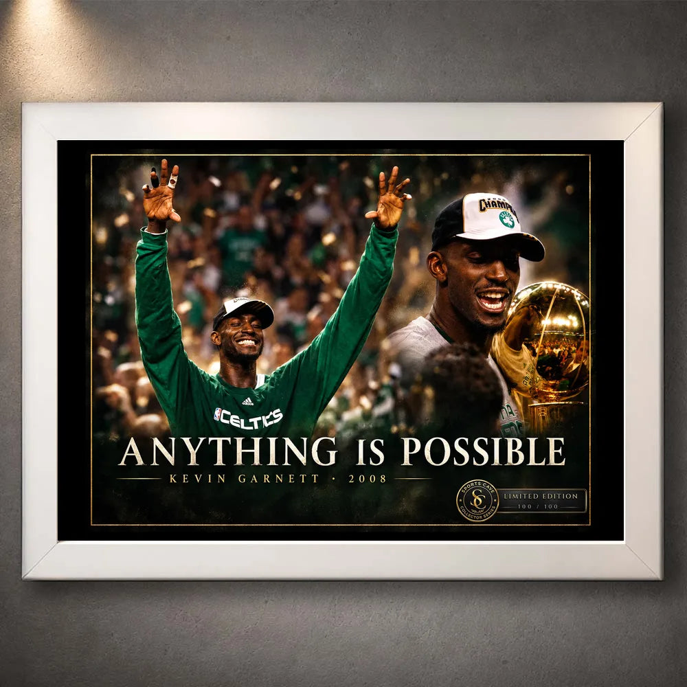 White framed Kevin Garnett wall art featuring the Anything Is Possible 2008 basketball championship design.