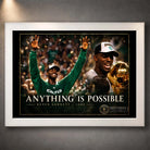 White framed Kevin Garnett wall art featuring the Anything Is Possible 2008 basketball championship design.