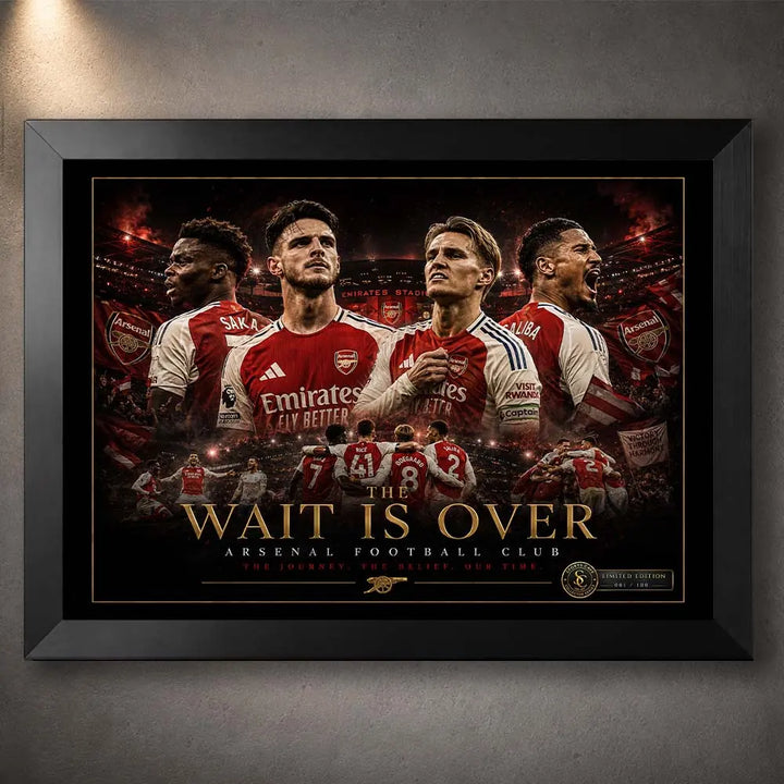 Black framed Arsenal The Wait Is Over wall art with red and gold collector styling for loyal Gunners supporters.