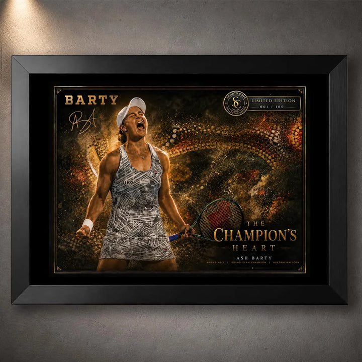 Ash Barty tennis wall art in a black frame with gold collector detailing and celebration artwork.