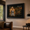 Black framed Ash Barty tennis wall art displayed in a warm living room with leather seating and soft natural light.