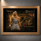 Ash Barty tennis wall art in an oak frame with black mat board and gold limited edition artwork detail.