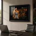 Black framed Ash Barty tennis wall art displayed in a premium office setting above a desk and black chair.