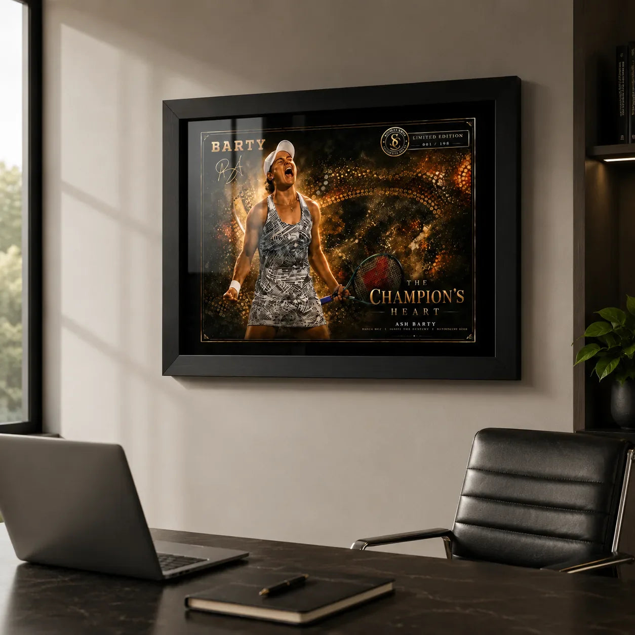 Black framed Ash Barty tennis wall art displayed in a premium office setting above a desk and black chair.
