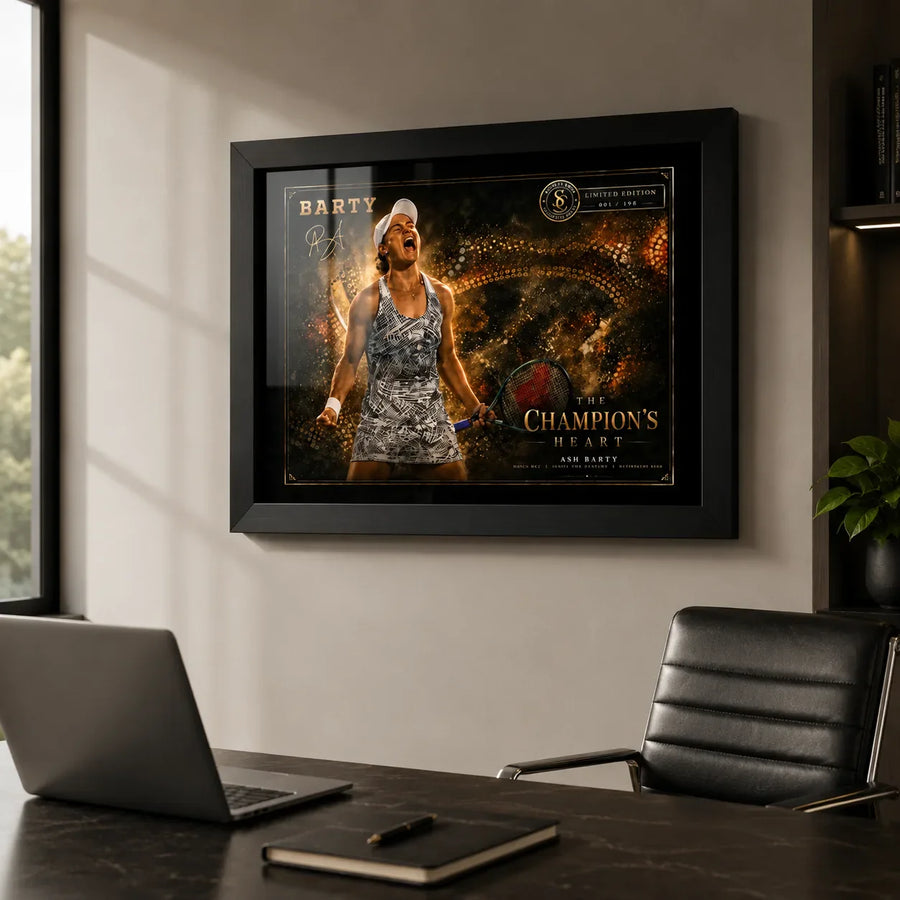 Black framed Ash Barty tennis wall art displayed in a premium office setting above a desk and black chair.