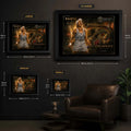 Ash Barty framed tennis wall art size guide showing small, medium, large and XL frame dimensions.