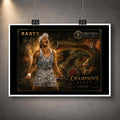 Unframed Ash Barty tennis wall art print clipped on a grey wall with black mat border and gold artwork.