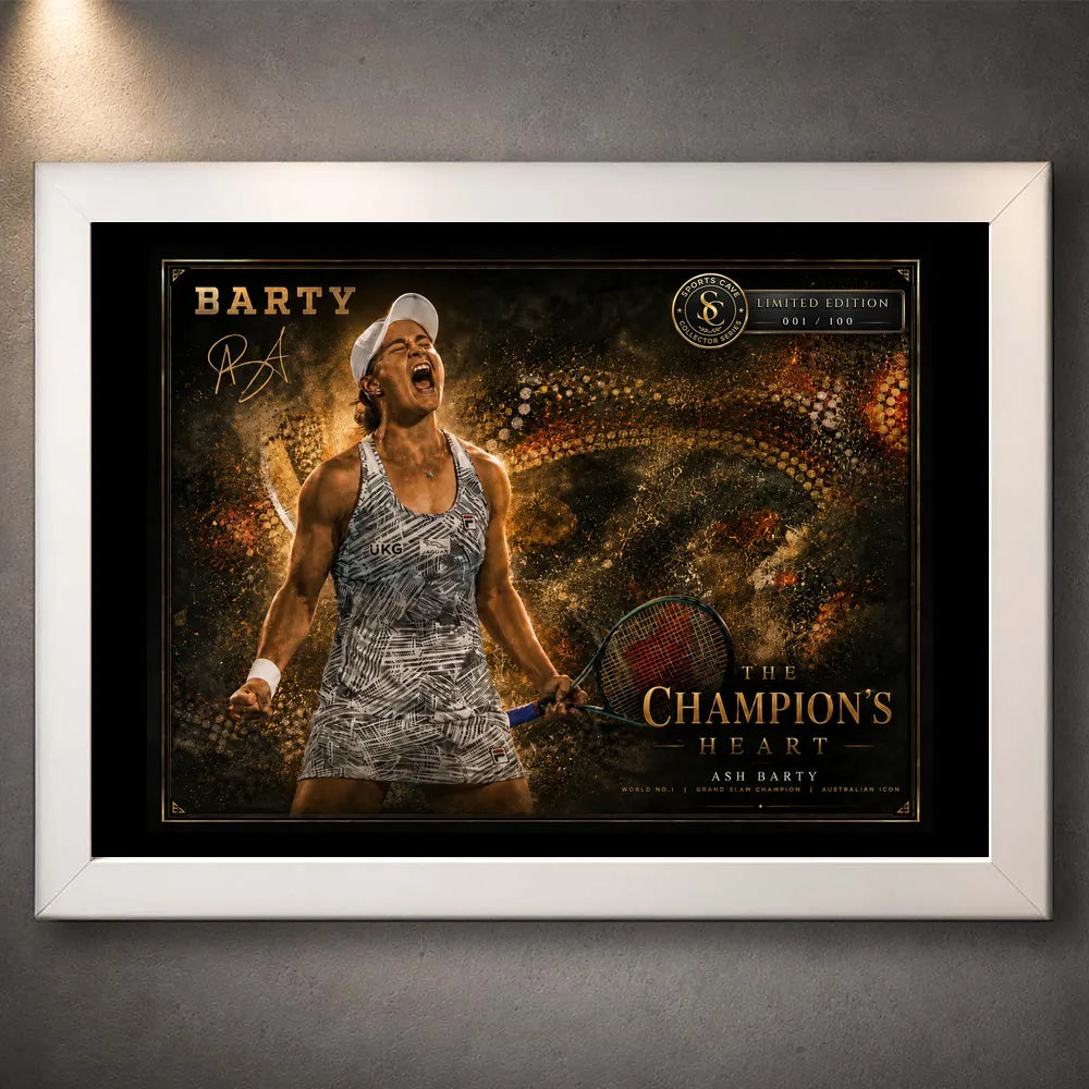 Ash Barty tennis wall art in a white frame with black mat board and gold championship tribute artwork.