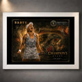 Ash Barty tennis wall art in a white frame with black mat board and gold championship tribute artwork.