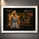 Ash Barty tennis wall art in a white frame with black mat board and gold championship tribute artwork.