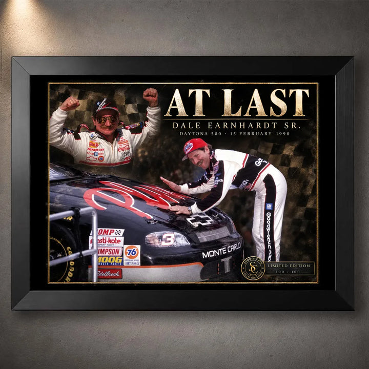 Black framed Dale Earnhardt Sr. NASCAR wall art featuring the At Last collector design.