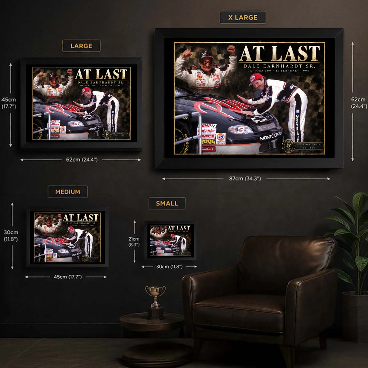Dale Earnhardt Sr. At Last wall art size guide showing available framed sizes from small to extra large.