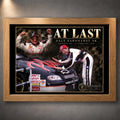 Oak framed Dale Earnhardt Sr. NASCAR wall art featuring the At Last collector design.