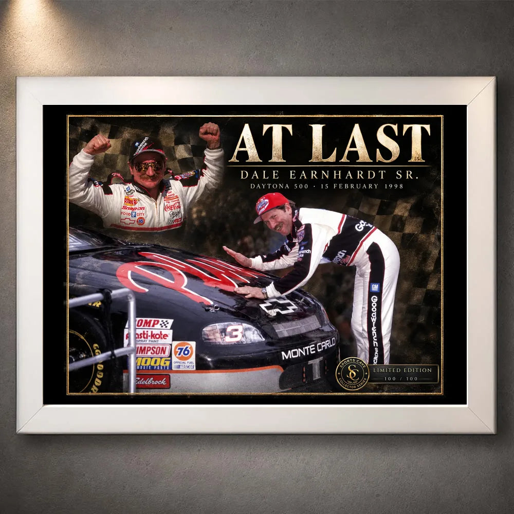 White framed Dale Earnhardt Sr. NASCAR wall art featuring the At Last collector design.
