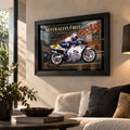 Wayne Gardner wall art displayed in a bright living room with a black frame and Australian motorsport collector styling.