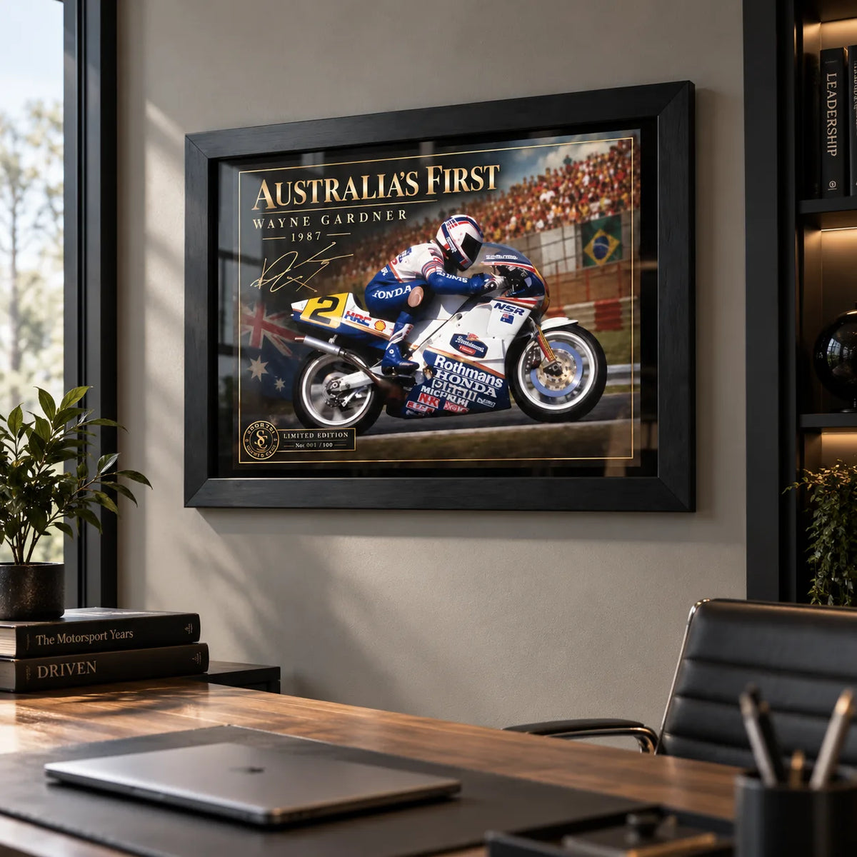 Wayne Gardner wall art displayed in a modern office with a black frame, celebrating his landmark 1987 500cc championship.
