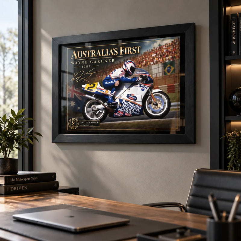 Wayne Gardner wall art displayed in a modern office with a black frame, celebrating his landmark 1987 500cc championship.