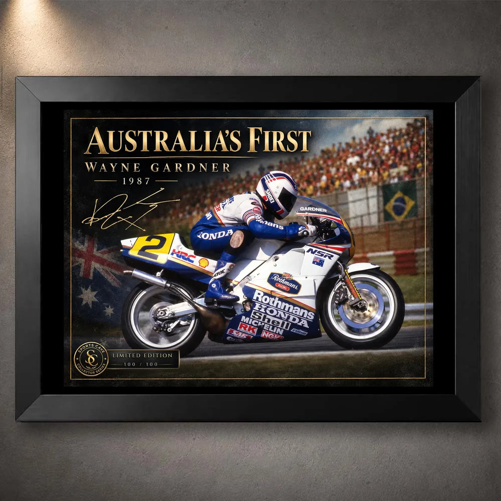 Black framed Wayne Gardner motorsport wall art featuring his 1987 championship tribute in Sports Cave collector presentation.