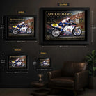 Wayne Gardner wall art size guide showing framed XL, large, medium and small dimensions for the collector print range.