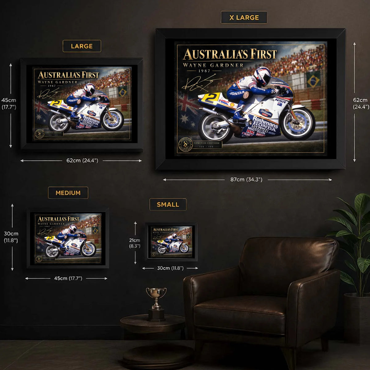 Wayne Gardner wall art size guide showing framed XL, large, medium and small dimensions for the collector print range.