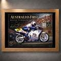 Oak framed Wayne Gardner motorsport wall art featuring the 1987 Australia's First championship tribute for collectors.