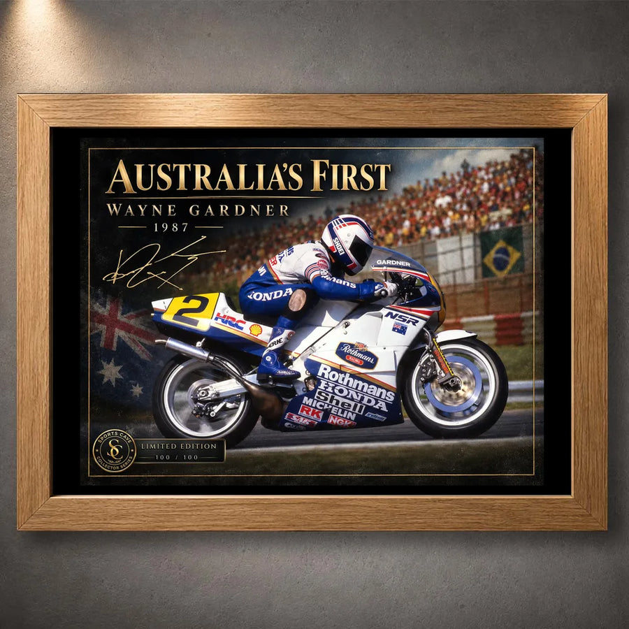 Oak framed Wayne Gardner motorsport wall art featuring the 1987 Australia's First championship tribute for collectors.