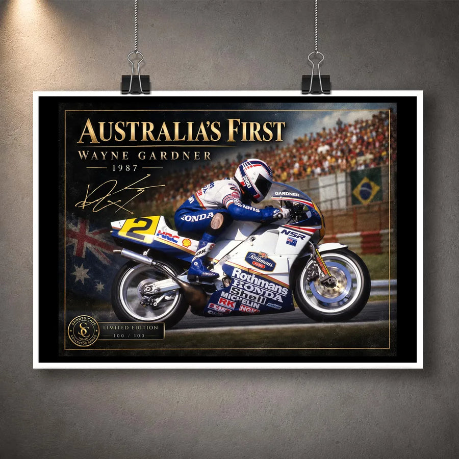 Unframed Wayne Gardner motorsport wall art design celebrating the 1987 500cc world championship and Australian racing history.