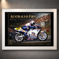 White framed Wayne Gardner motorsport wall art featuring the 1987 Australia's First championship tribute for collectors.