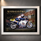White framed Wayne Gardner motorsport wall art featuring the 1987 Australia's First championship tribute for collectors.