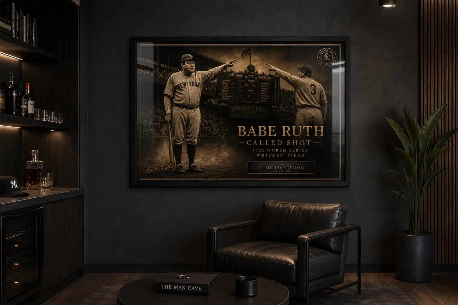 Babe Ruth limited edition sports wall art displayed in a modern man cave with black framed baseball décor.