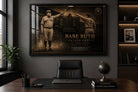 Babe Ruth called shot framed sports memorabilia showcased in a luxury office with premium baseball artwork.