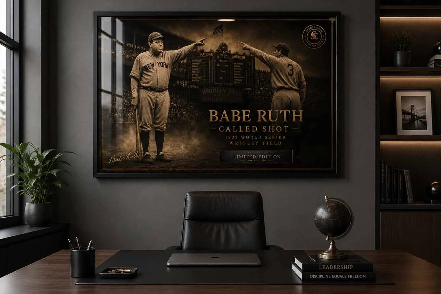 Babe Ruth called shot framed sports memorabilia showcased in a luxury office with premium baseball artwork.