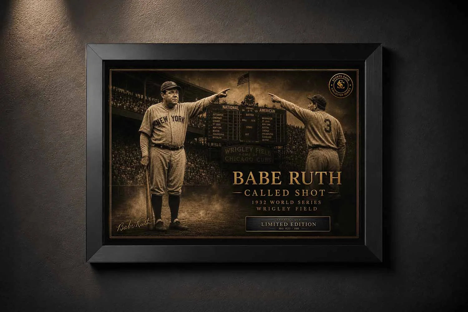 Babe Ruth called shot framed sports wall art in black frame featuring the iconic 1932 World Series moment.