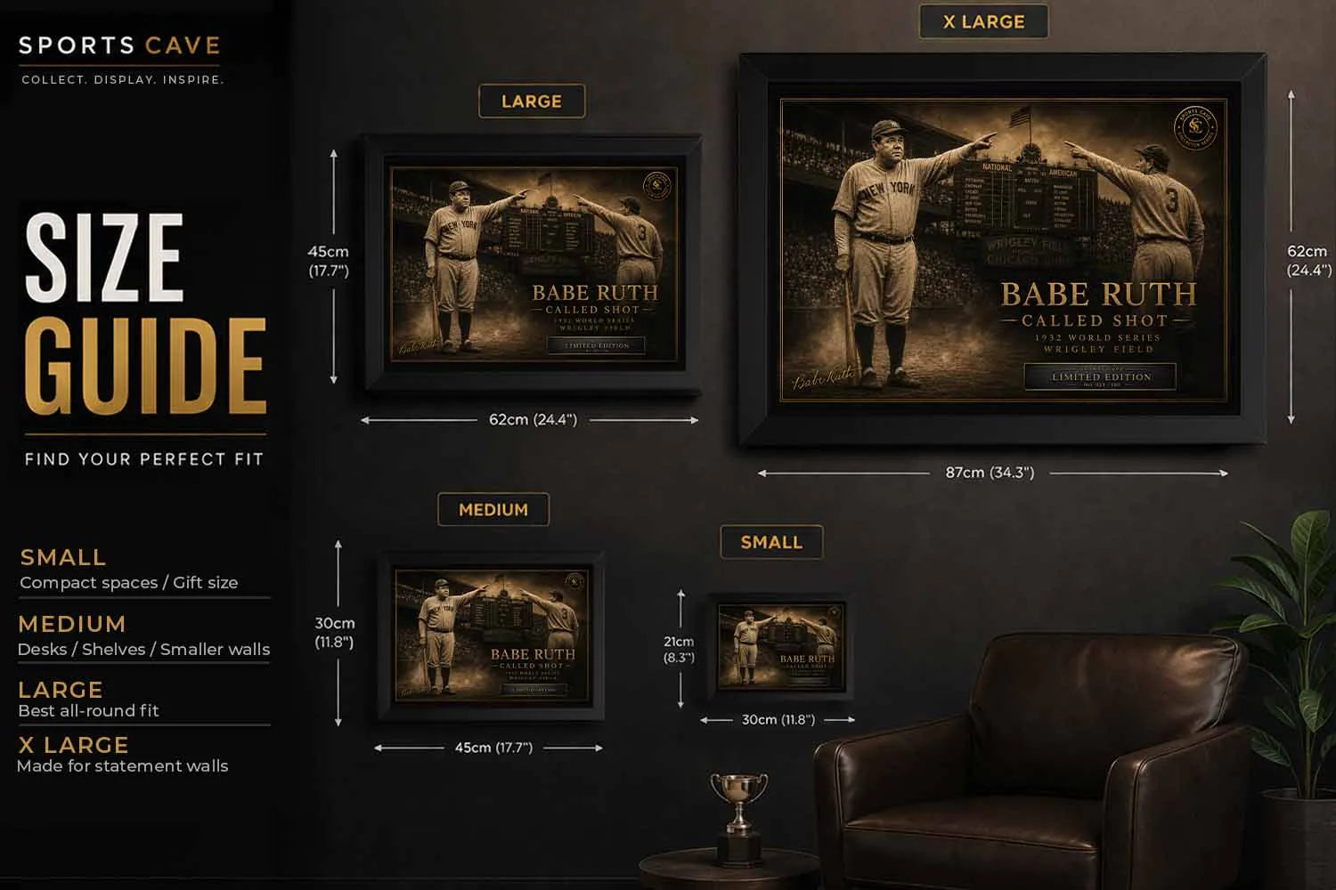 Size guide showing Babe Ruth framed sports wall art dimensions for small, medium, large and XL displays.