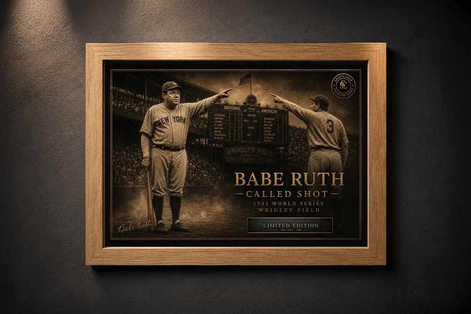 Babe Ruth called shot baseball sports wall art in oak frame featuring vintage 1932 World Series artwork.